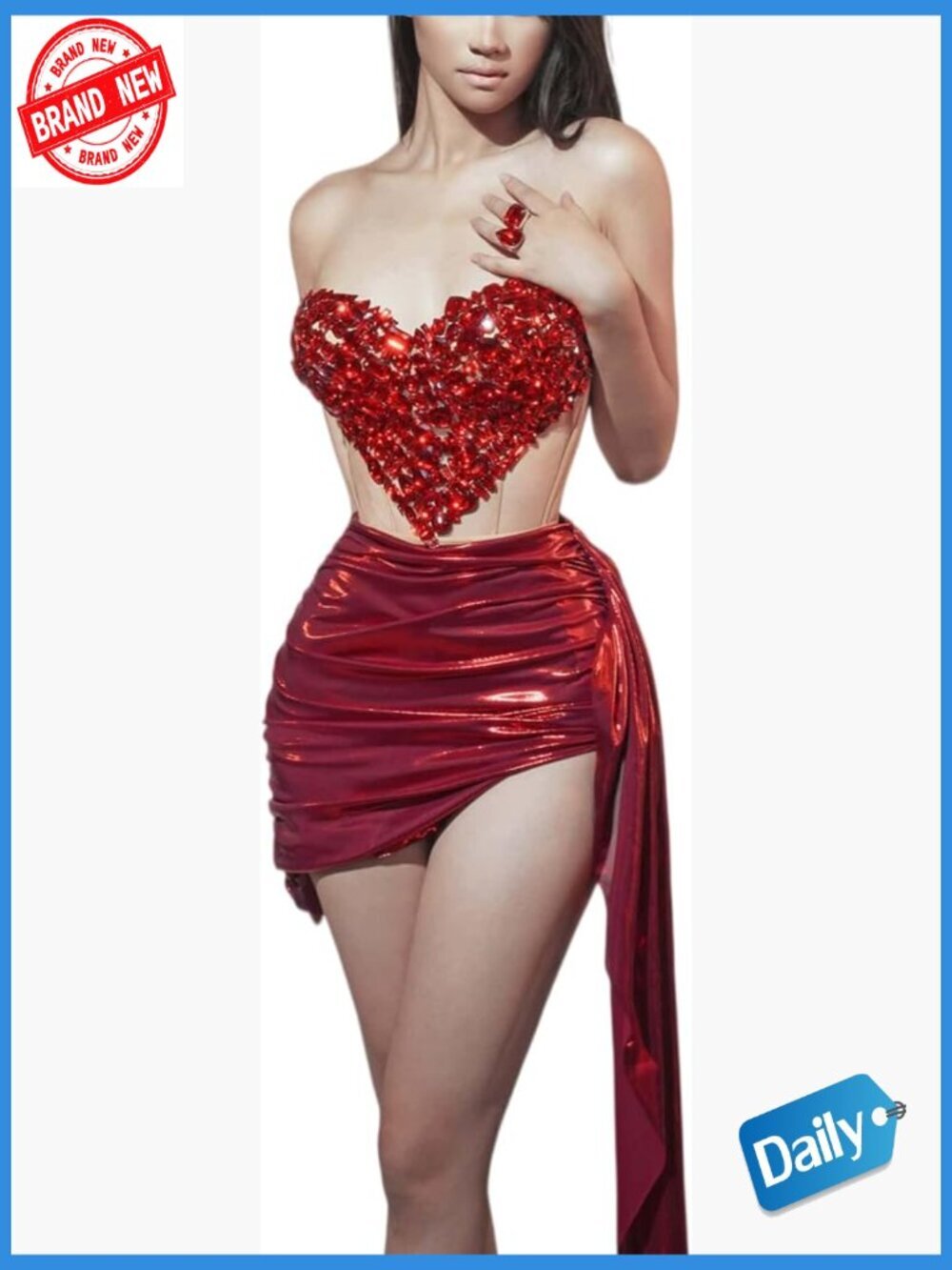 Strapless Corset & Ruched Side Drape Skirt Two-Piece Set, Rhinestone Party